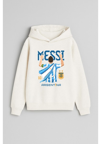 Futbolcu Messi Baskılı Ekru Kız Erkek Çocuk Kapüşonlu Sweatshirt