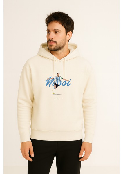 Futbolcu Messi Baskılı Erkek Ekru Kapüşonlu Sweatshirt Hoodie