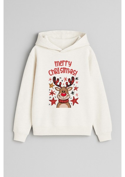 Noel Baba Merry Christmas Baskılı Ekru Kız Erkek Çocuk Kapüşonlu Sweatshirt