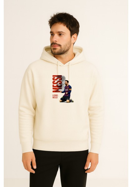 Lionel Messi Baskılı Erkek Ekru Kapüşonlu Sweatshirt Hoodie