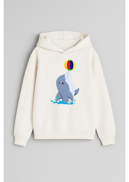 Fok Balığı Baskılı Ekru Kız Erkek Çocuk Kapüşonlu Sweatshirt