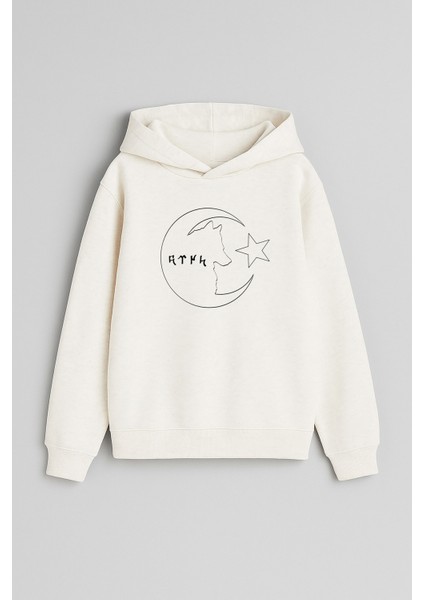 Ay Yıldız Göktürkçe Yazılı Baskılı Ekru Kız Erkek Çocuk Kapüşonlu Sweatshirt