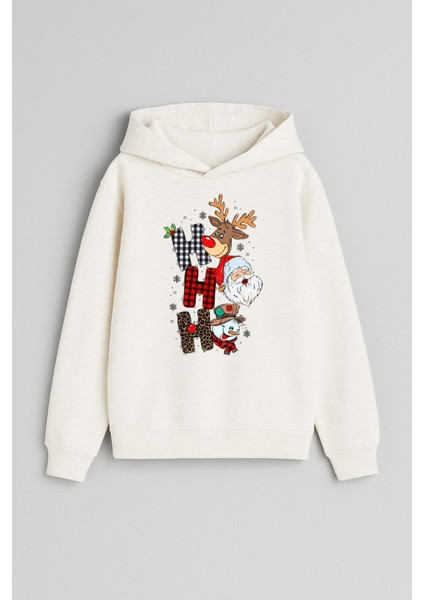 Noel Merry Christmas Yılbaşı Baskılı Ekru Kız Erkek Çocuk Kapüşonlu Sweatshirt