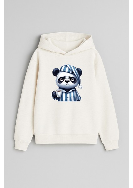 Uykulu Panda Baskılı Ekru Kız Erkek Çocuk Kapüşonlu Sweatshirt