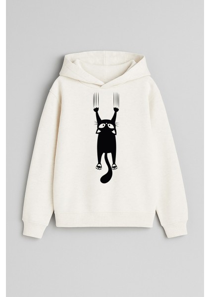 Siyah Kedi Baskılı Ekru Kız Erkek Çocuk Kapüşonlu Sweatshirt
