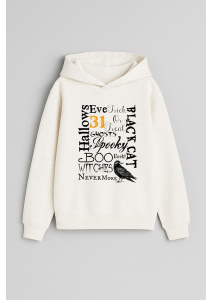 Cadılar Bayramı Halloween Baskılı Ekru Kız Erkek Çocuk Kapüşonlu Sweatshirt