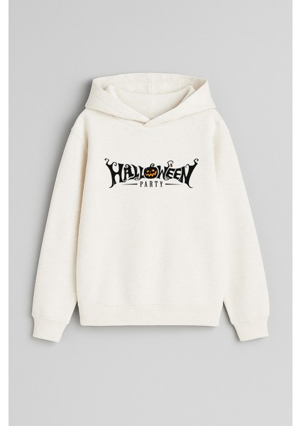 Cadılar Bayramı Halloween Baskılı Ekru Kız Erkek Çocuk Kapüşonlu Sweatshirt