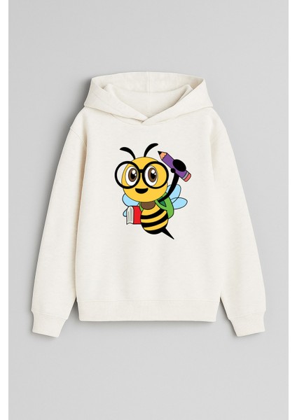 Öğrenci Arı Baskılı Ekru Kız Erkek Çocuk Kapüşonlu Sweatshirt