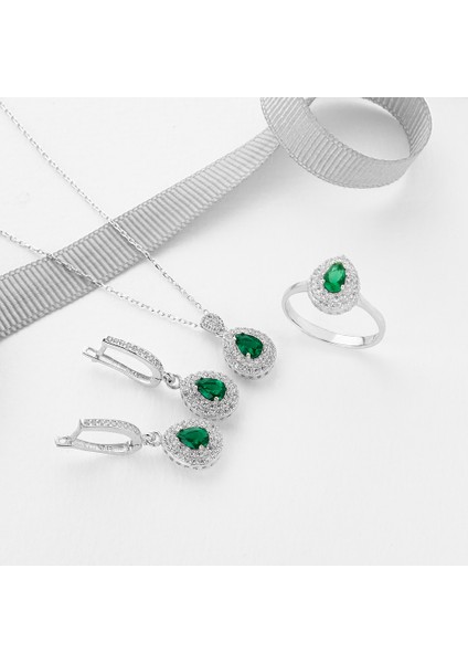 925 Ayar Rodyum Kaplama Damla Zümrüt Taşlı Gümüş Set