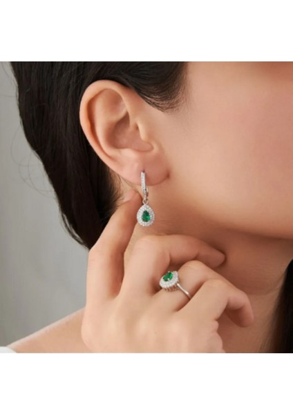 925 Ayar Rodyum Kaplama Damla Zümrüt Taşlı Gümüş Set fiyatları
