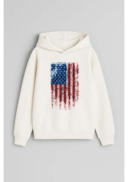 Amerika Bayrağı Baskılı Ekru Kız Erkek Çocuk Kapüşonlu Sweatshirt