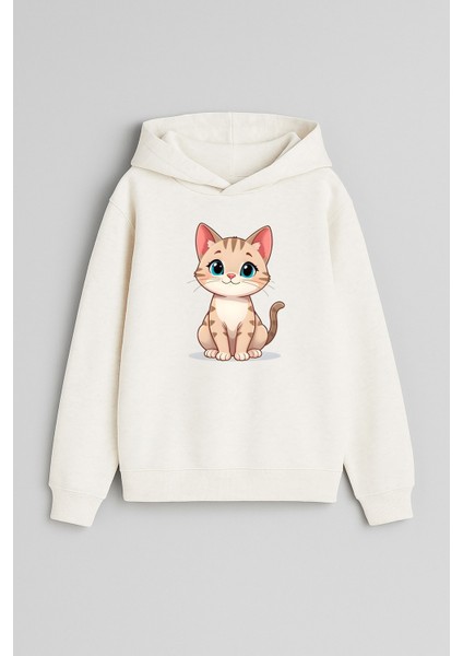 Kedi Cat Baskılı Ekru Kız Erkek Çocuk Kapüşonlu Sweatshirt