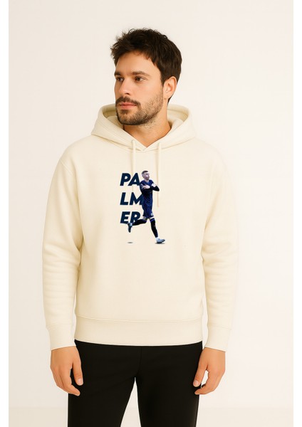 Futbolcu Cole Palmer Baskılı Erkek Ekru Kapüşonlu Sweatshirt Hoodie