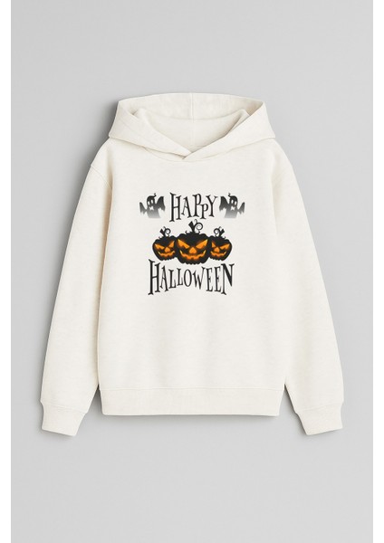 Cadılar Bayramı Halloween Baskılı Ekru Kız Erkek Çocuk Kapüşonlu Sweatshirt
