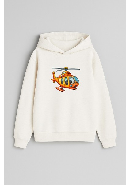 Helikopter Uçakbaskılı Ekru Kız Erkek Çocuk Kapüşonlu Sweatshirt