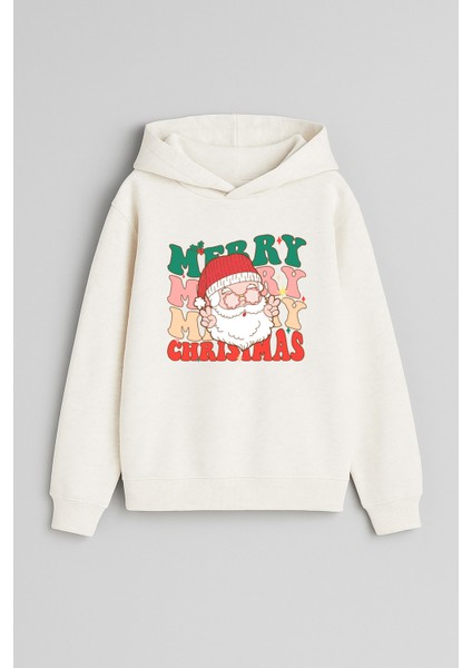 Noel Merry Christmas Yılbaşı Baskılı Ekru Kız Erkek Çocuk Kapüşonlu Sweatshirt