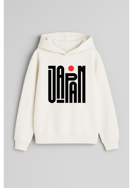 Japan Japonya Baskılı Ekru Kız Erkek Çocuk Kapüşonlu Sweatshirt