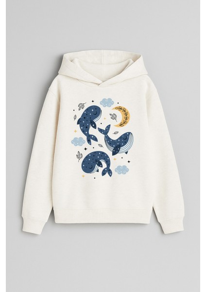 Balina Yunus Baskılı Ekru Kız Erkek Çocuk Kapüşonlu Sweatshirt