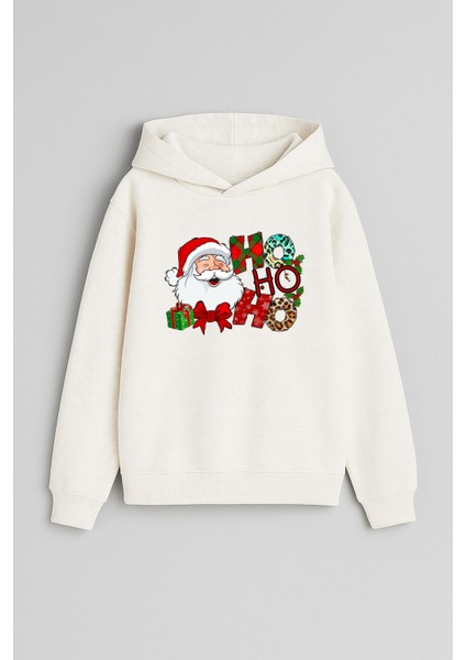 Noel Baba Merry Christmas Baskılı Ekru Kız Erkek Çocuk Kapüşonlu Sweatshirt