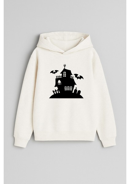 Cadılar Bayramı Halloween Baskılı Ekru Kız Erkek Çocuk Kapüşonlu Sweatshirt