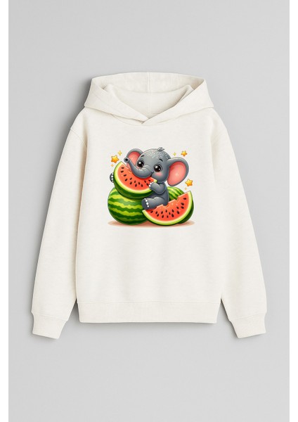 Karpuz Yiyen Fil Baskılı Ekru Kız Erkek Çocuk Kapüşonlu Sweatshirt