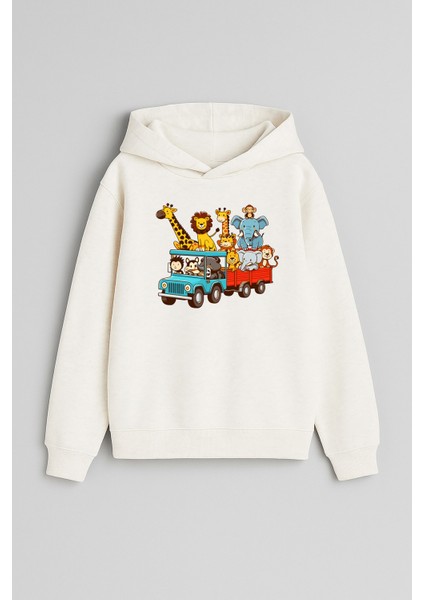 Hayvan Treni Baskılı Ekru Kız Erkek Çocuk Kapüşonlu Sweatshirt