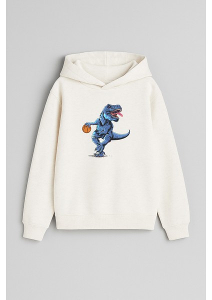 Dinozor Baskılı Ekru Kız Erkek Çocuk Kapüşonlu Sweatshirt