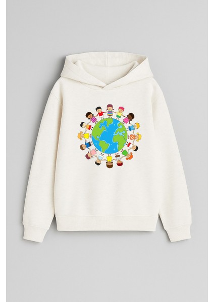 Dünya Çocukları Baskılı Ekru Kız Erkek Çocuk Kapüşonlu Sweatshirt