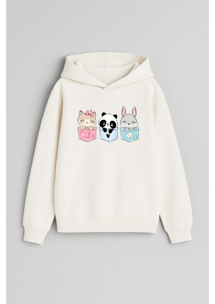 Sevimli Hayvanlar Baskılı Ekru Kız Erkek Çocuk Kapüşonlu Sweatshirt