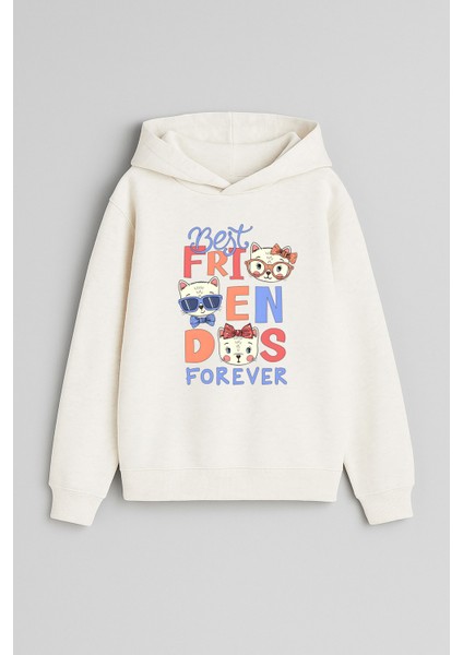 Friends Hayvanlar Baskılı Ekru Kız Erkek Çocuk Kapüşonlu Sweatshirt
