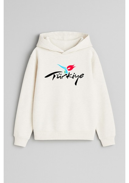 Türkiye Yazı Baskılı Ekru Kız Erkek Çocuk Kapüşonlu Sweatshirt