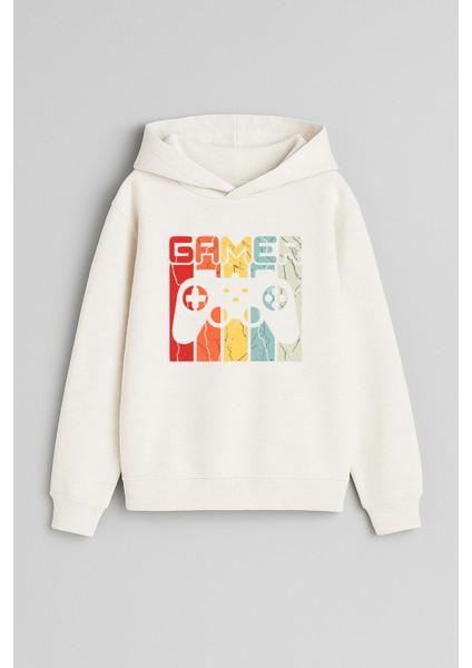 Gamer Oyun Baskılı Ekru Kız Erkek Çocuk Kapüşonlu Sweatshirt