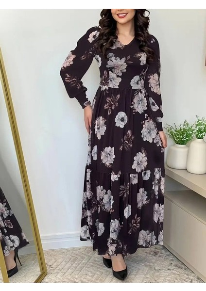 Kadın Uzun Kollu V Yakalı Çiçek Desenli Maxi Süprem Elbise fiyatları