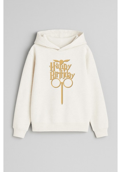 Doğum Günü Happy Birthday Baskılı Ekru Kız Erkek Çocuk Kapüşonlu Sweatshirt