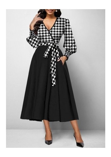 Kadın Uzun Kollu Kruvaze Yaka Dalgıç Krep Midi Boy Elbise