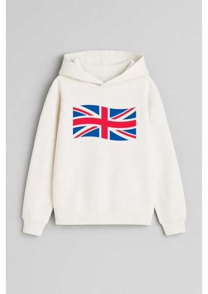 Ingiltere Bayrağı Baskılı Ekru Kız Erkek Çocuk Kapüşonlu Sweatshirt