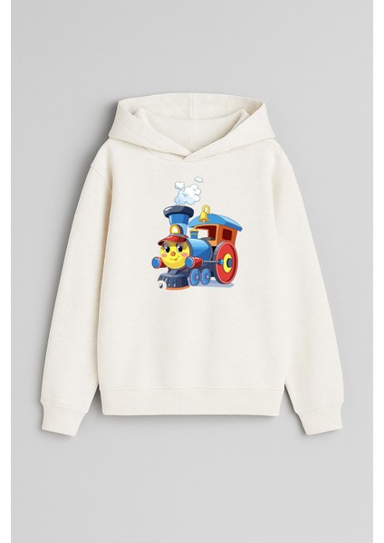 Tren Baskılı Ekru Kız Erkek Çocuk Kapüşonlu Sweatshirt