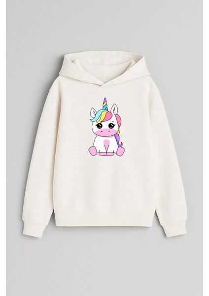 Unicorn Tek Boynuzlu At Baskılı Ekru Kız Erkek Çocuk Kapüşonlu Sweatshirt