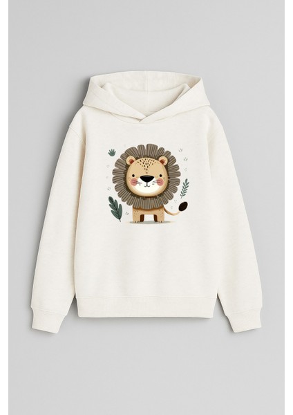 Küçük Aslan Baskılı Ekru Kız Erkek Çocuk Kapüşonlu Sweatshirt
