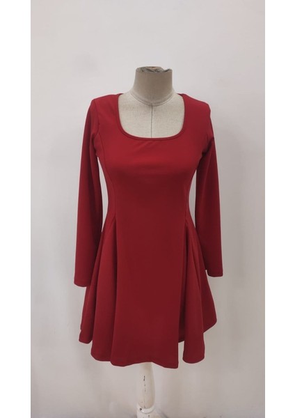 Kadın Uzun Kollu Kare Yakalı Mini Ithal Krep Elbise