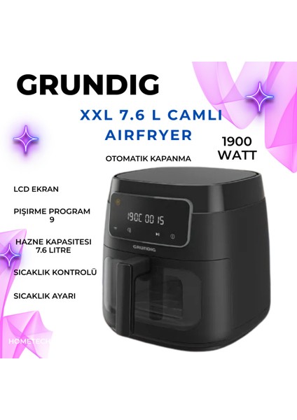 7.6 L Camlı Airfryer Siyah, Sağlıklı ve Pratik Yemekleri Kolayca Hazırlayın