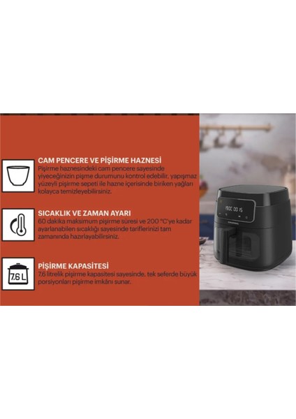 7.6 L Camlı Airfryer Siyah, Sağlıklı ve Pratik Yemekleri Kolayca Hazırlayın