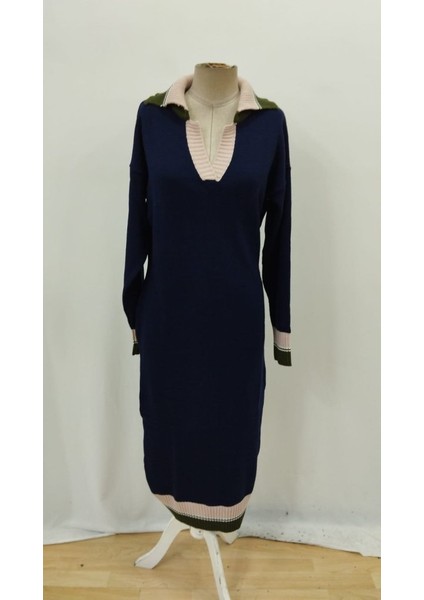 Kadın Uzun Kollu Yakalı Çok Renkli Triko Uzun Elbise