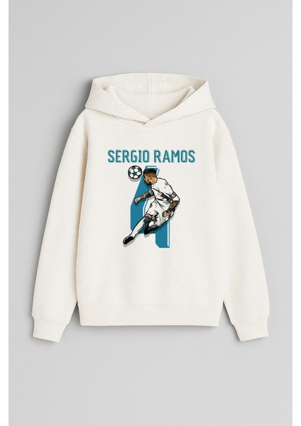 Sergio Ramos Baskılı Ekru Kız Erkek Çocuk Kapüşonlu Sweatshirt