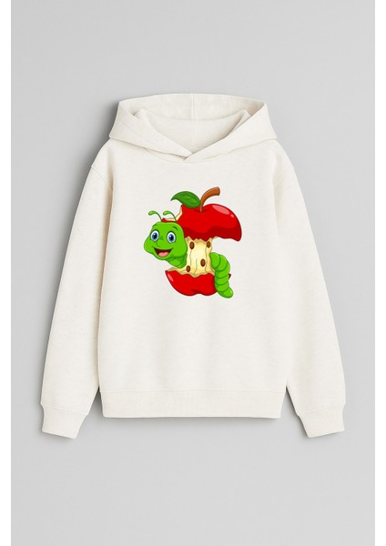 Elma Kurdu Baskılı Ekru Kız Erkek Çocuk Kapüşonlu Sweatshirt