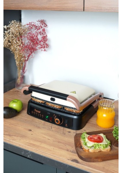 Retro 6 Dilim Izgara ve Tost Makinesi, 180° Açılır, 2000W, Bej