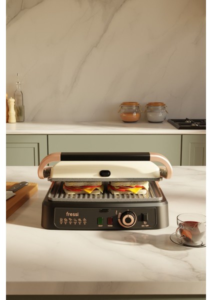 Retro 6 Dilim Izgara ve Tost Makinesi, 180° Açılır, 2000W, Bej modelleri