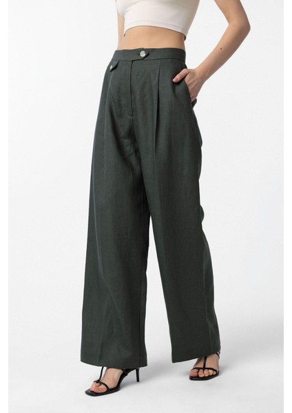 Haki 100% Keten Yüksek Bel Pilili Kadın Pantolon