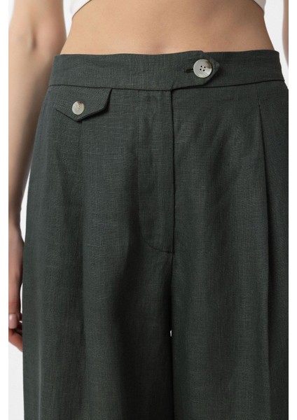 Haki 100% Keten Yüksek Bel Pilili Kadın Pantolon modelleri