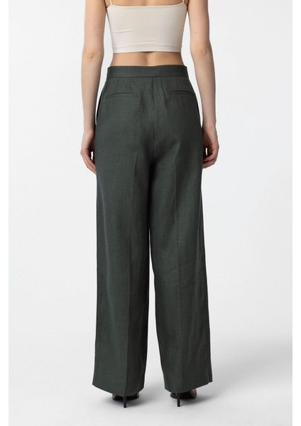 Haki 100% Keten Yüksek Bel Pilili Kadın Pantolon fırsatları